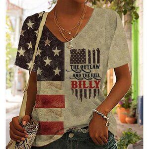 NWT The Outlaw and the Hillbilly Distressed Look Red Blue Short Sleeve V-Neck